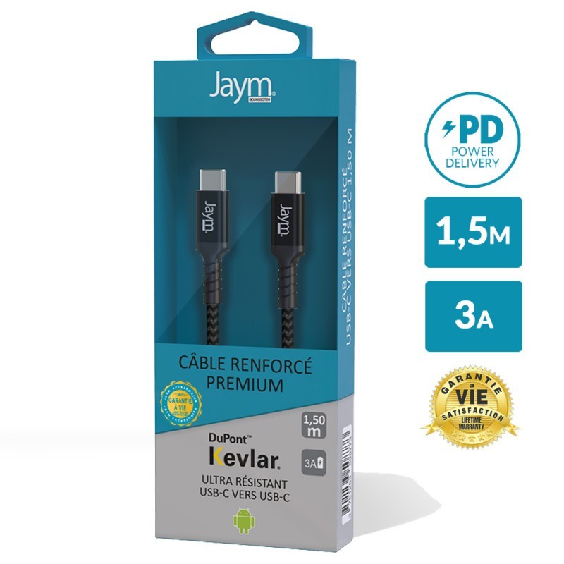 Câble ultra renforce USB  C vers USB  C 1,5m JAYM    Garantie à vie