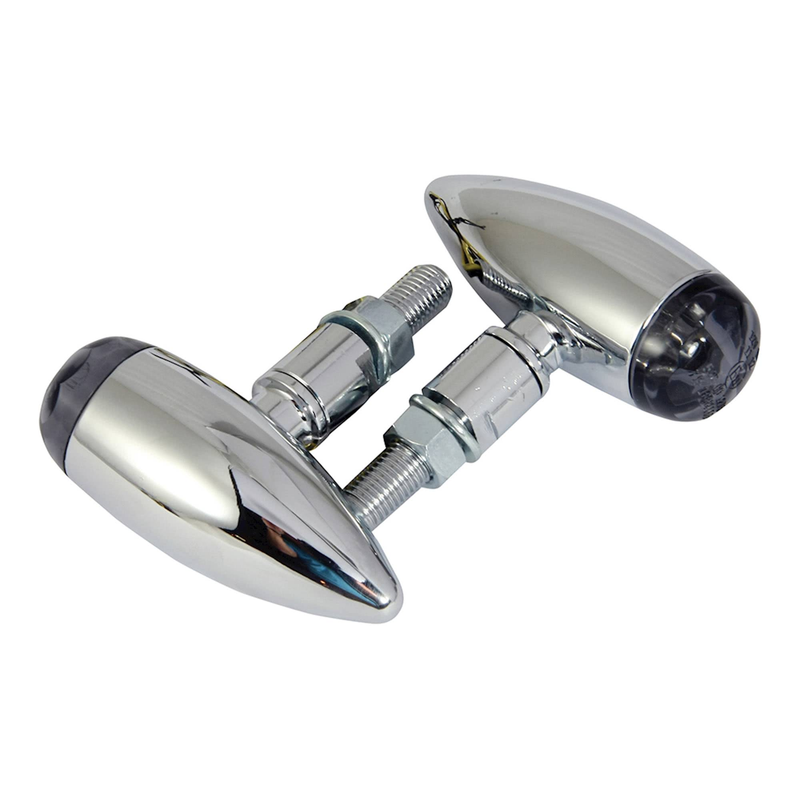 LED SPIRIT INDICATORS PAIR CHROME BODY BLACK LENS E MARKED